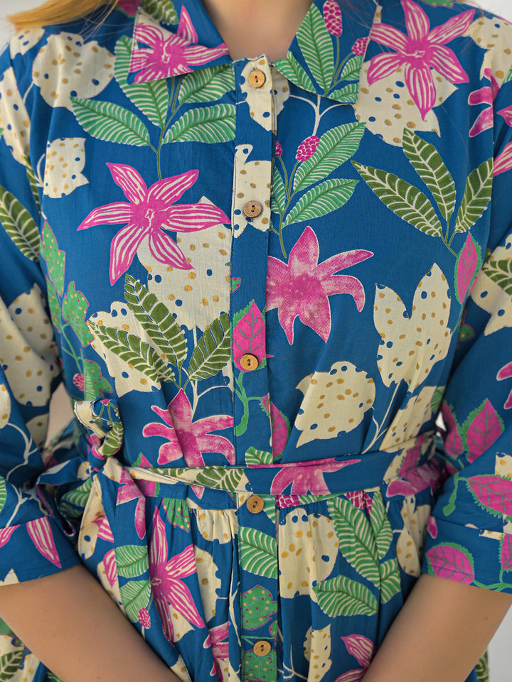 Divena Blue Cotton Shirt Coller Midi Dress