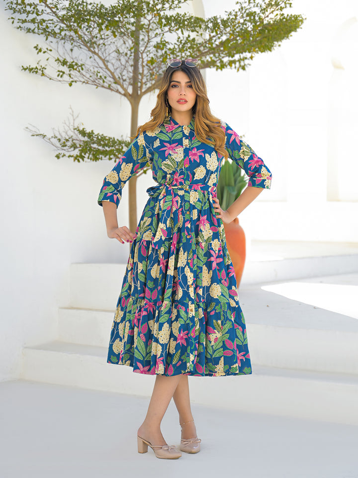 Divena Blue Cotton Shirt Coller Midi Dress