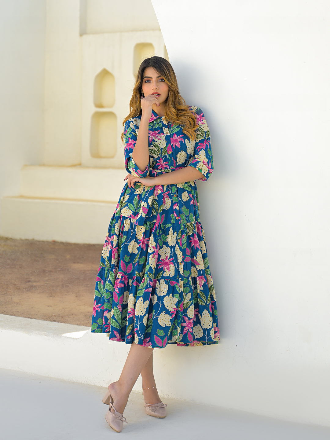 Divena Blue Cotton Shirt Coller Midi Dress