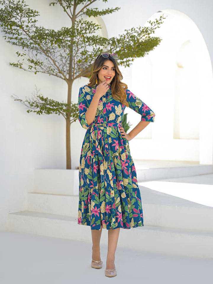 Divena Blue Cotton Shirt Coller Midi Dress