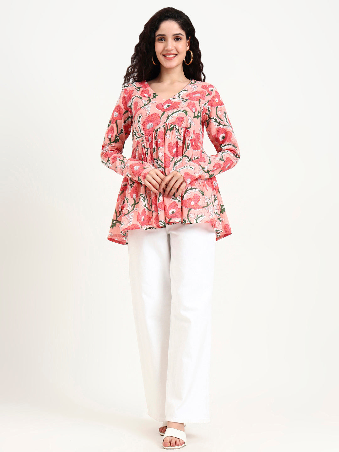 Divena Pink Floral Print Peplum Cotton Top