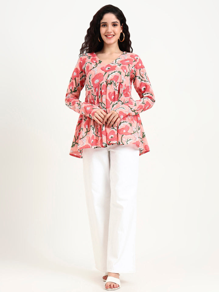 Divena Pink Floral Print Peplum Cotton Top