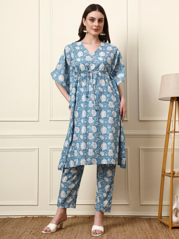 Divena Blue V-Neck Cotton Kaaftan Co-ords Sets