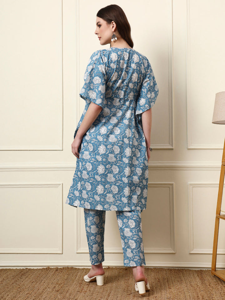 Divena Blue V-Neck Cotton Kaaftan Co-ords Sets