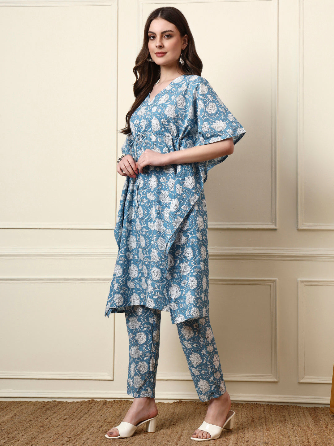 Divena Blue V-Neck Cotton Kaaftan Co-ords Sets