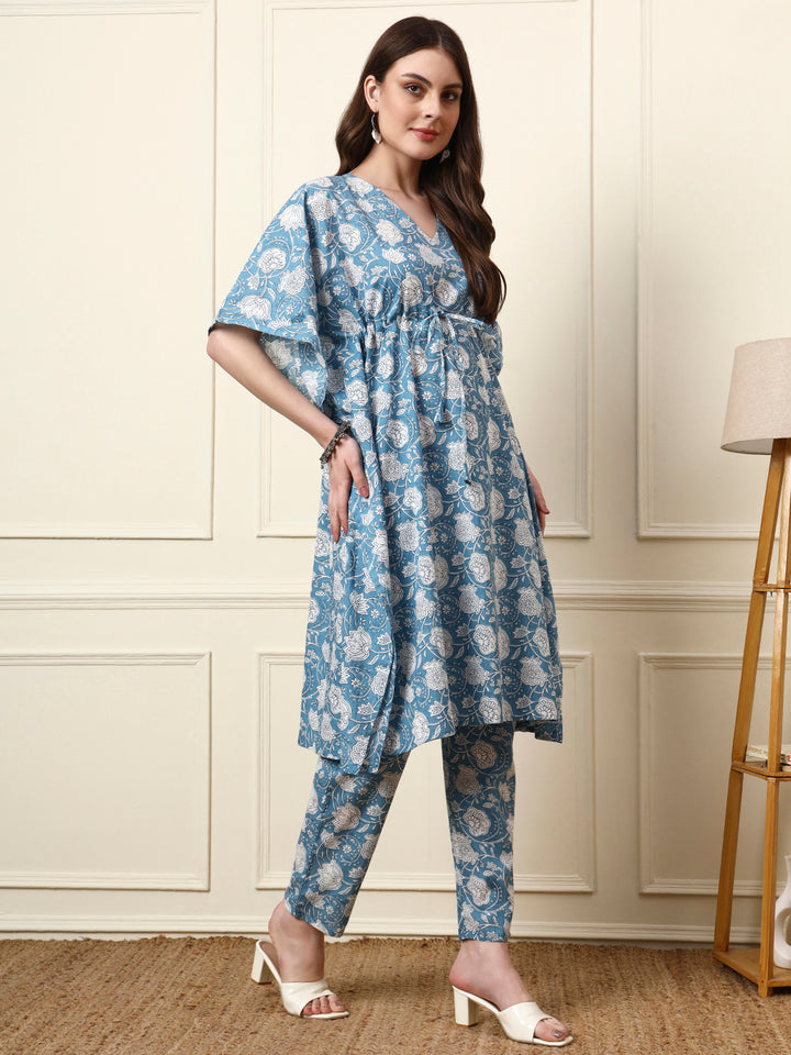 Divena Blue V-Neck Cotton Kaaftan Co-ords Sets