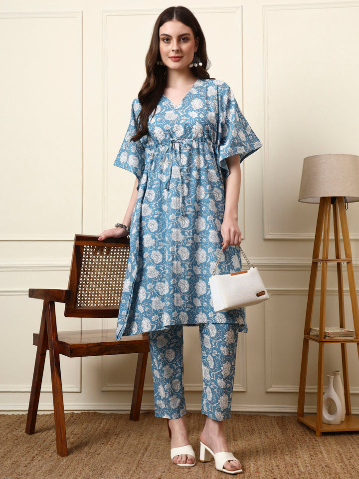 Divena Blue V-Neck Cotton Kaaftan Co-ords Sets