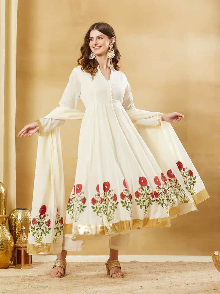 Divena White Cotton Hand Block Print Anarkali Kurta Sets with Dupatta