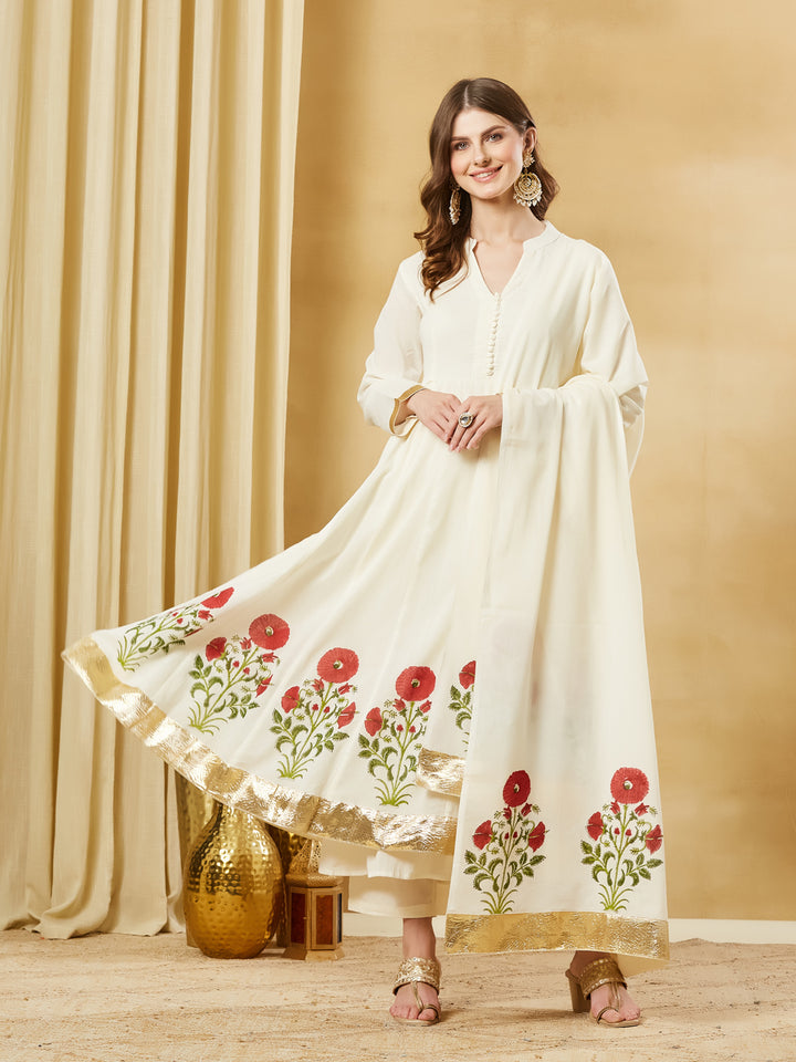 Divena White Cotton Hand Block Print Anarkali Kurta Sets with Dupatta