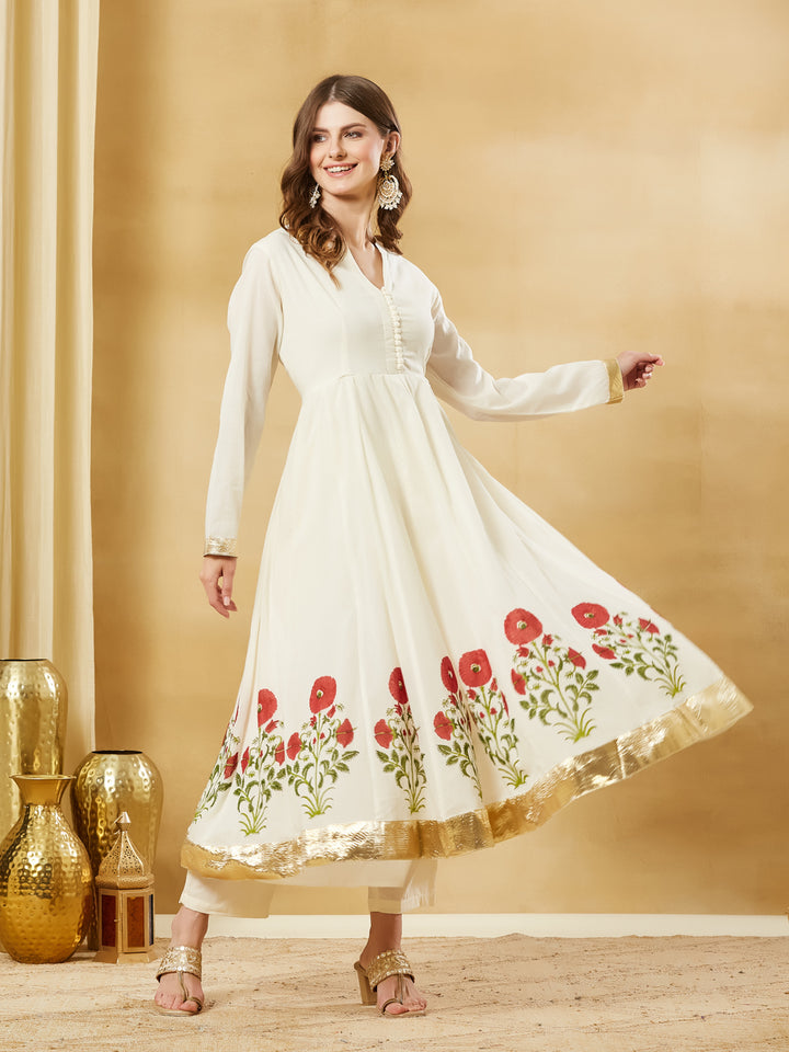 Divena White Cotton Hand Block Print Anarkali Kurta Sets with Dupatta