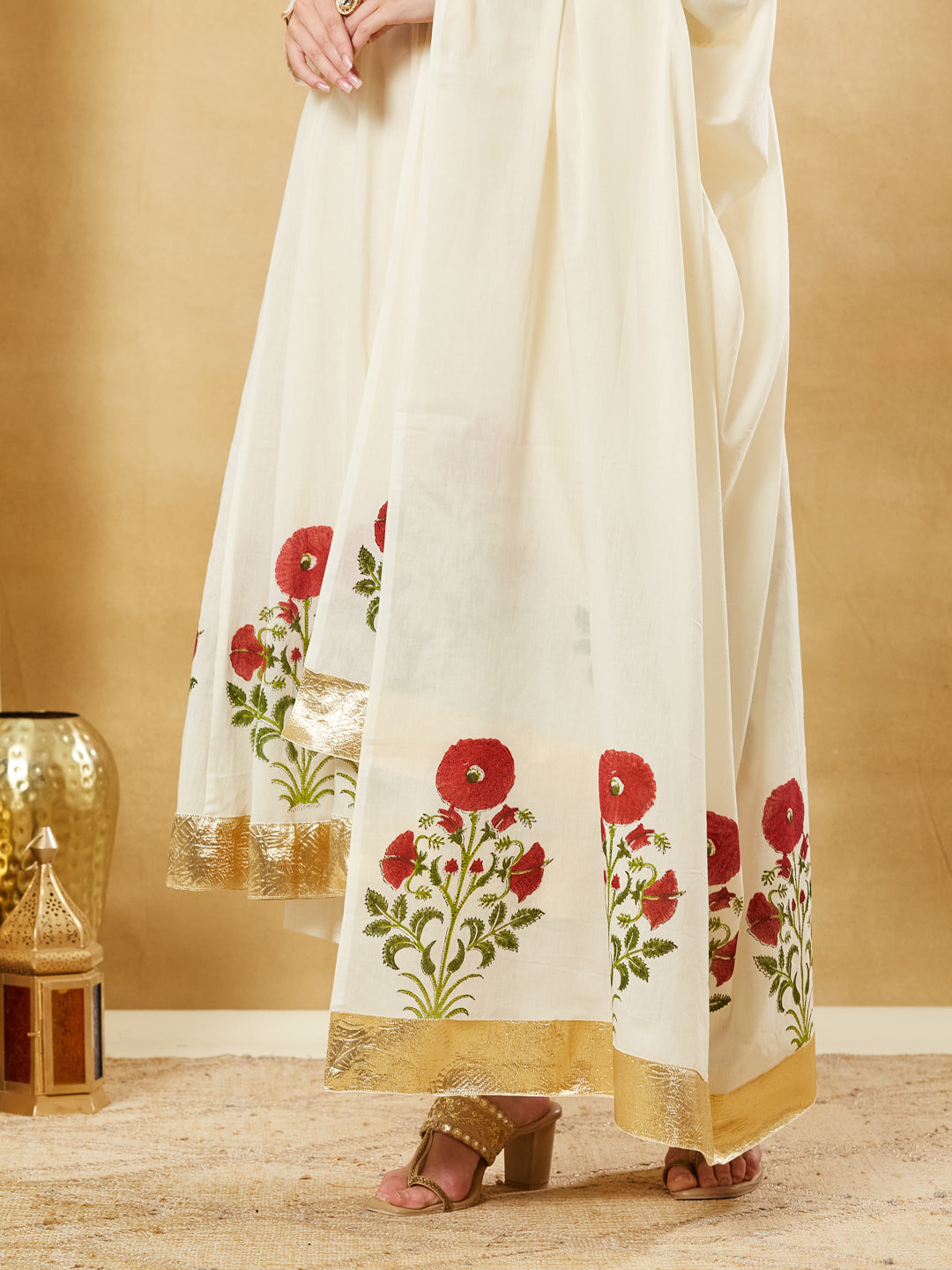 Divena White Cotton Hand Block Print Anarkali Kurta Sets with Dupatta