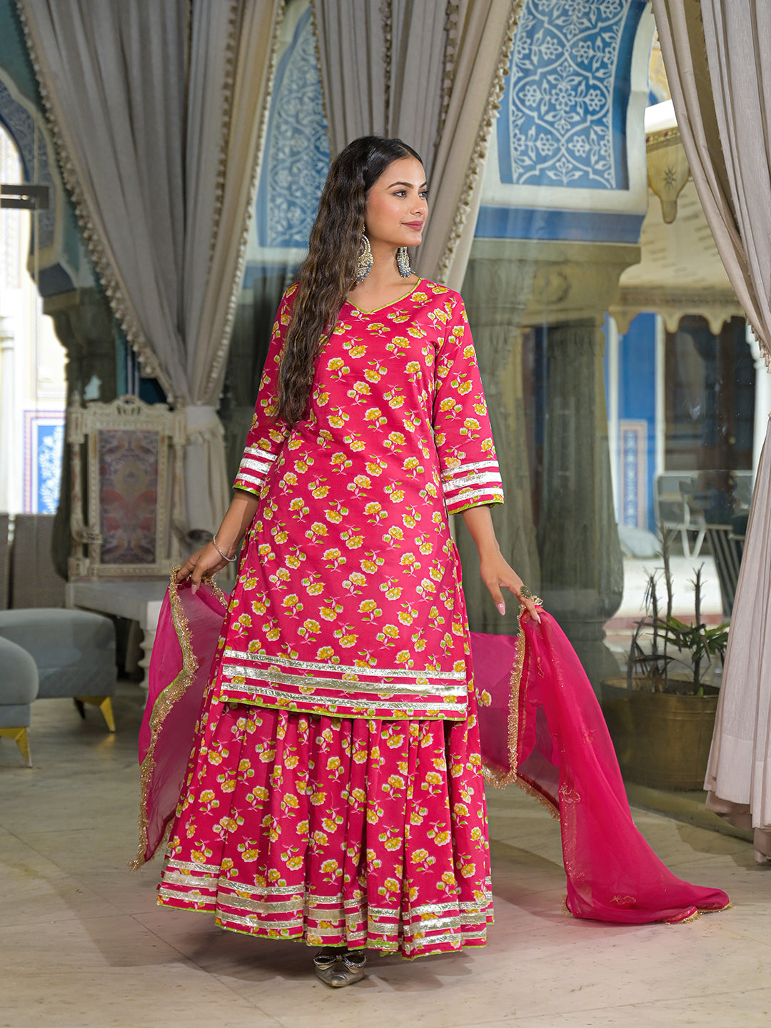 Divena Pink Cotton Kurti Lehenga Sets With Dupatta