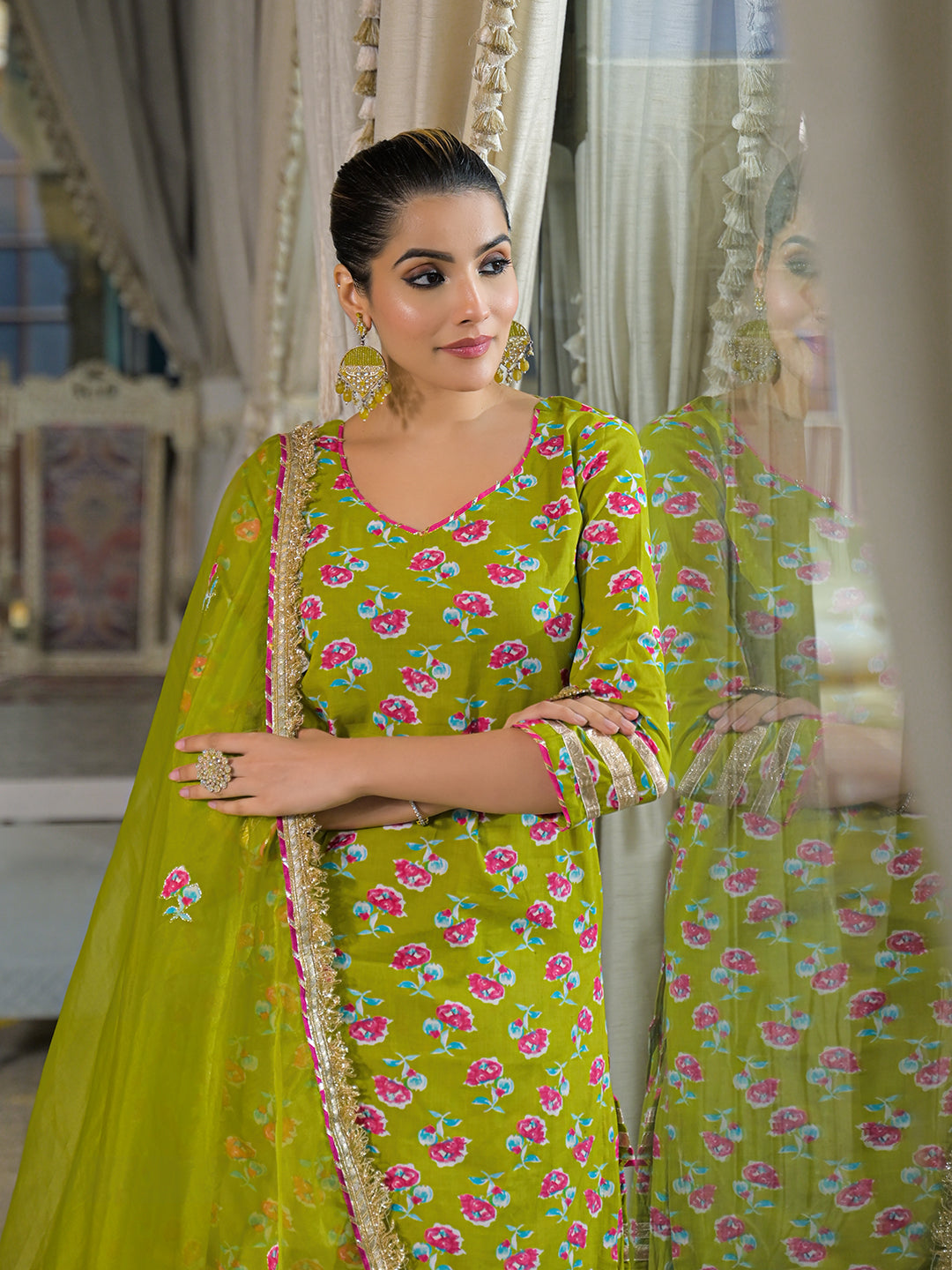 Divena Green Cotton Kurti Lehenga Sets With Dupatta