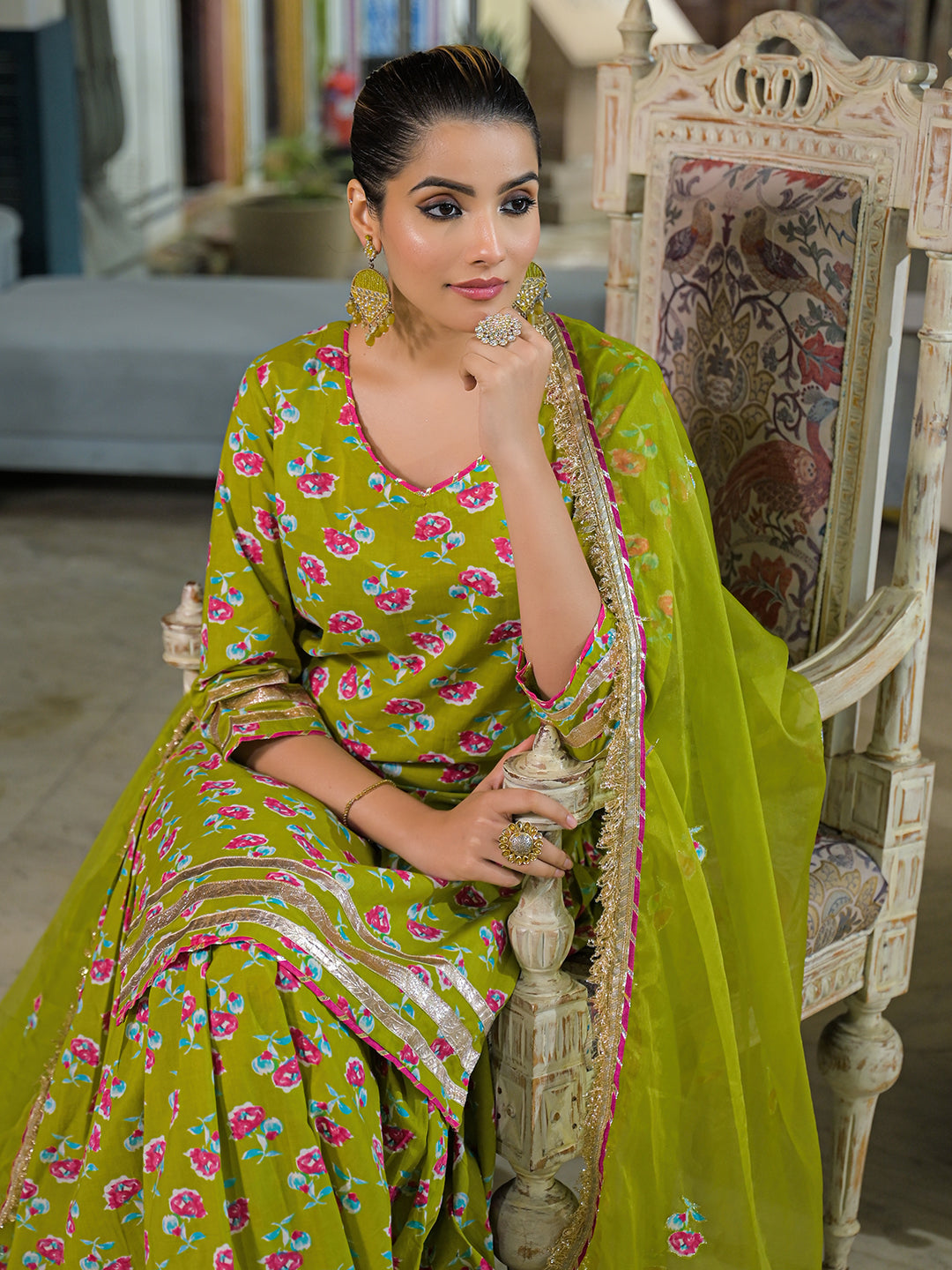 Divena Green Cotton Kurti Lehenga Sets With Dupatta