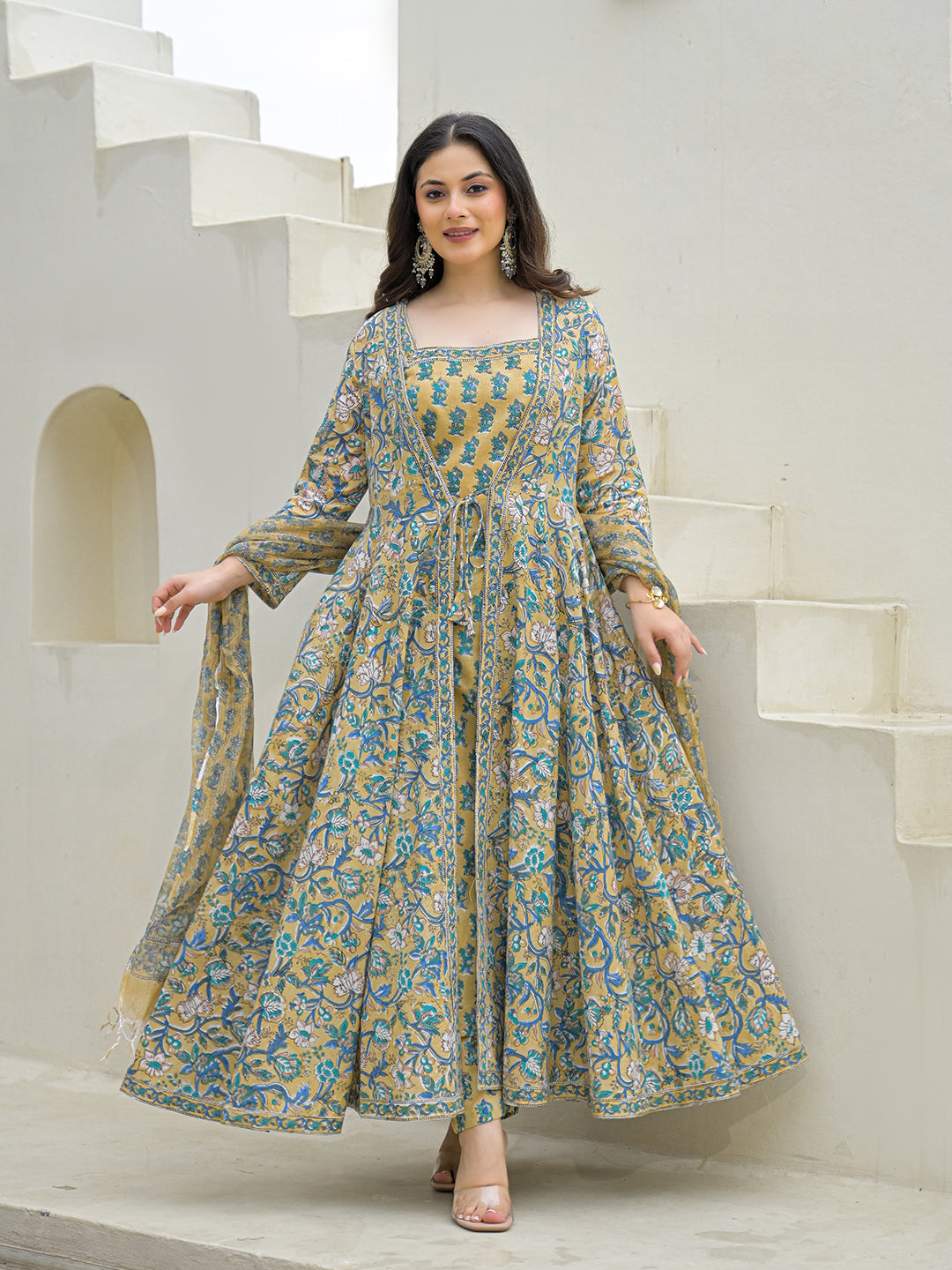 Beige Cotton Hand Block Anarkali Kurta Pant Sets Dupatta with Jecket — view 1
