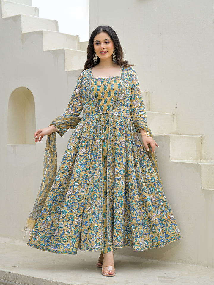 Divena Beige Cotton Hand Block Anarkali Kurta Pant Sets Dupatta with Jecket