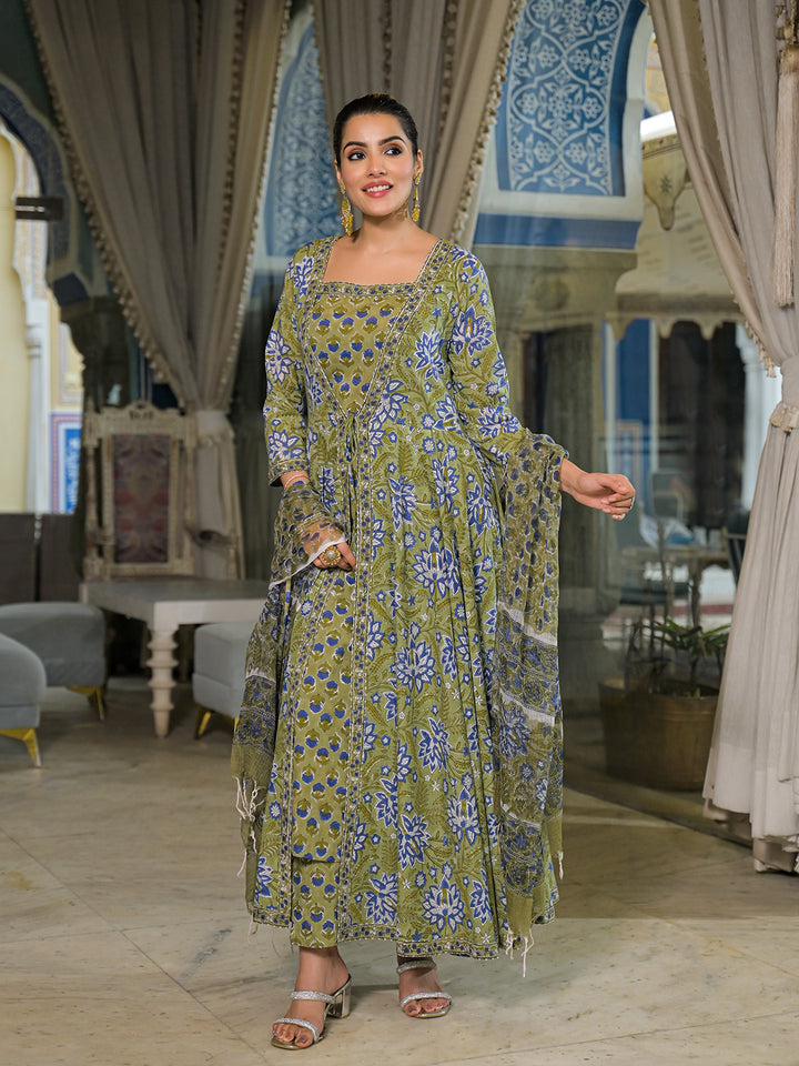 Divena Green Hand Block Cotton Anarkali Kurta Pant With Dupatta & Jecket