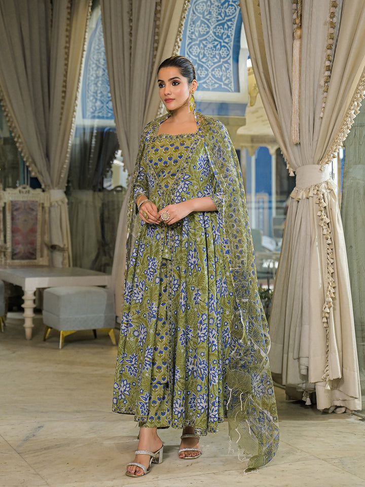 Divena Green Hand Block Cotton Anarkali Kurta Pant With Dupatta & Jecket