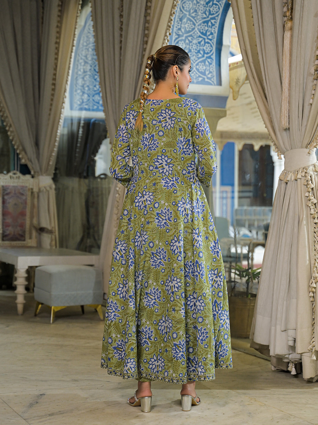 Divena Green Hand Block Cotton Anarkali Kurta Pant With Dupatta & Jecket