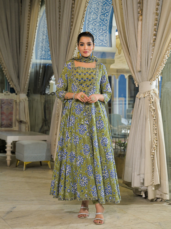 Divena Green Hand Block Cotton Anarkali Kurta Pant With Dupatta & Jecket