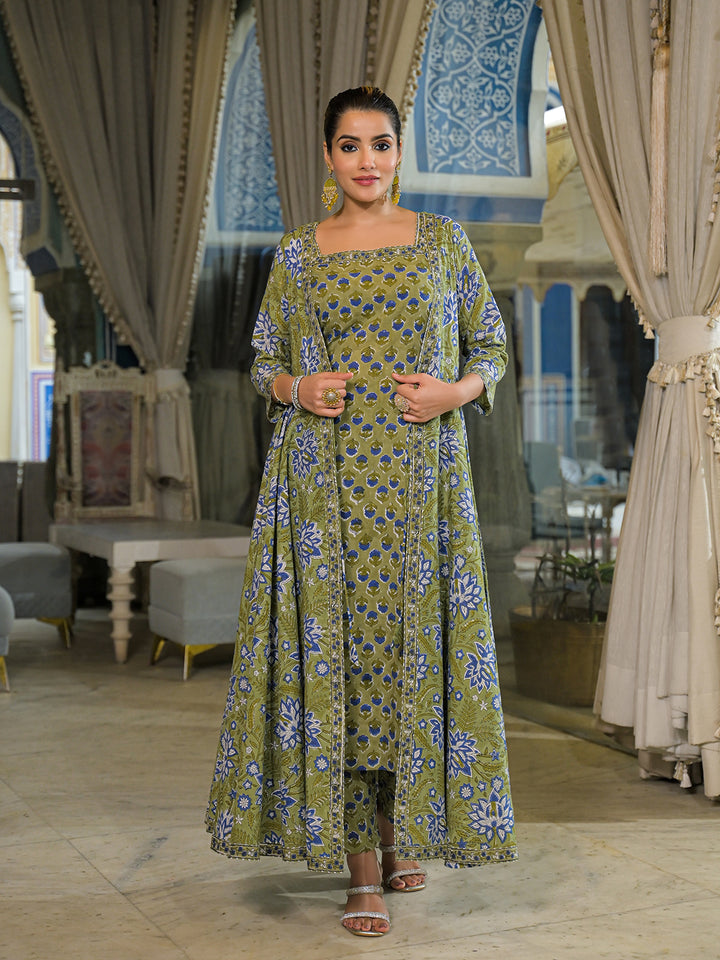 Divena Green Hand Block Cotton Anarkali Kurta Pant With Dupatta & Jecket