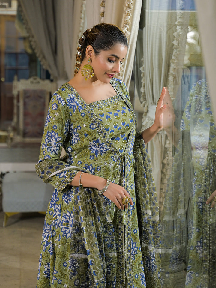 Divena Green Hand Block Cotton Anarkali Kurta Pant With Dupatta & Jecket