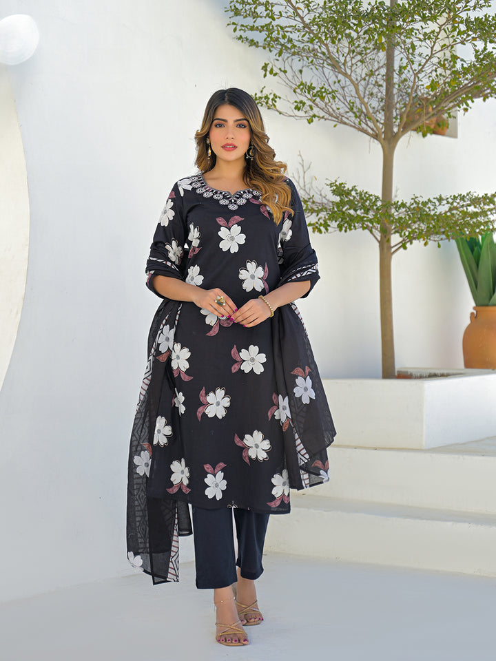 Divena Black Round Neck Floral Cotton Straight Kurta Pant Set With Dupatta