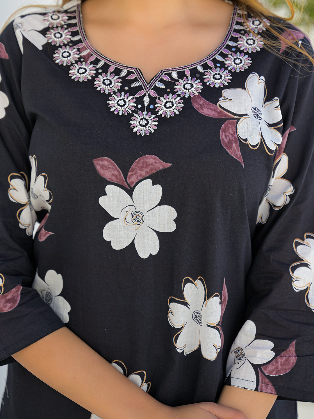 Divena Black Round Neck Floral Cotton Straight Kurta Pant Set With Dupatta