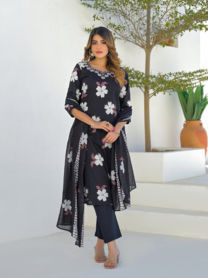Divena Black Round Neck Floral Cotton Straight Kurta Pant Set With Dupatta