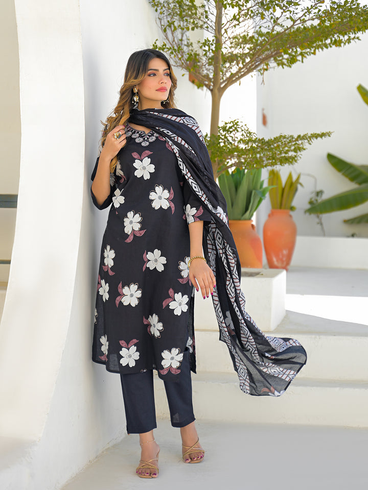Divena Black Round Neck Floral Cotton Straight Kurta Pant Set With Dupatta
