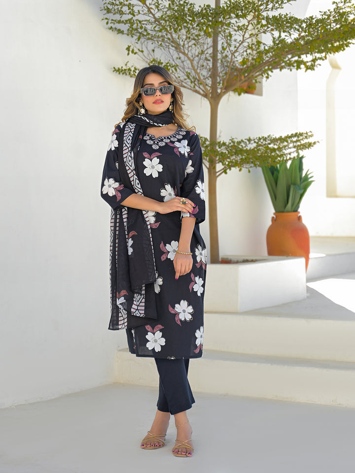 Divena Black Round Neck Floral Cotton Straight Kurta Pant Set With Dupatta