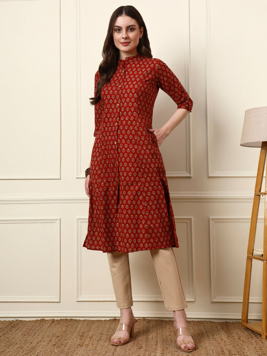 Divena Maroon Mandarin Collar Floral Cotton A-Line Kurta