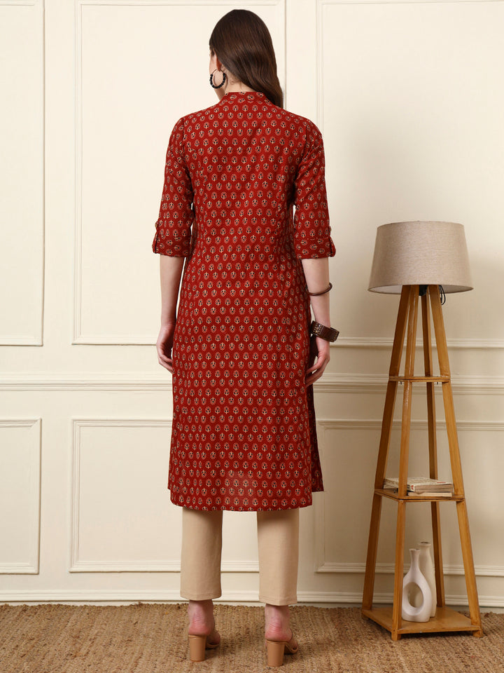 Divena Maroon Mandarin Collar Floral Cotton A-Line Kurta