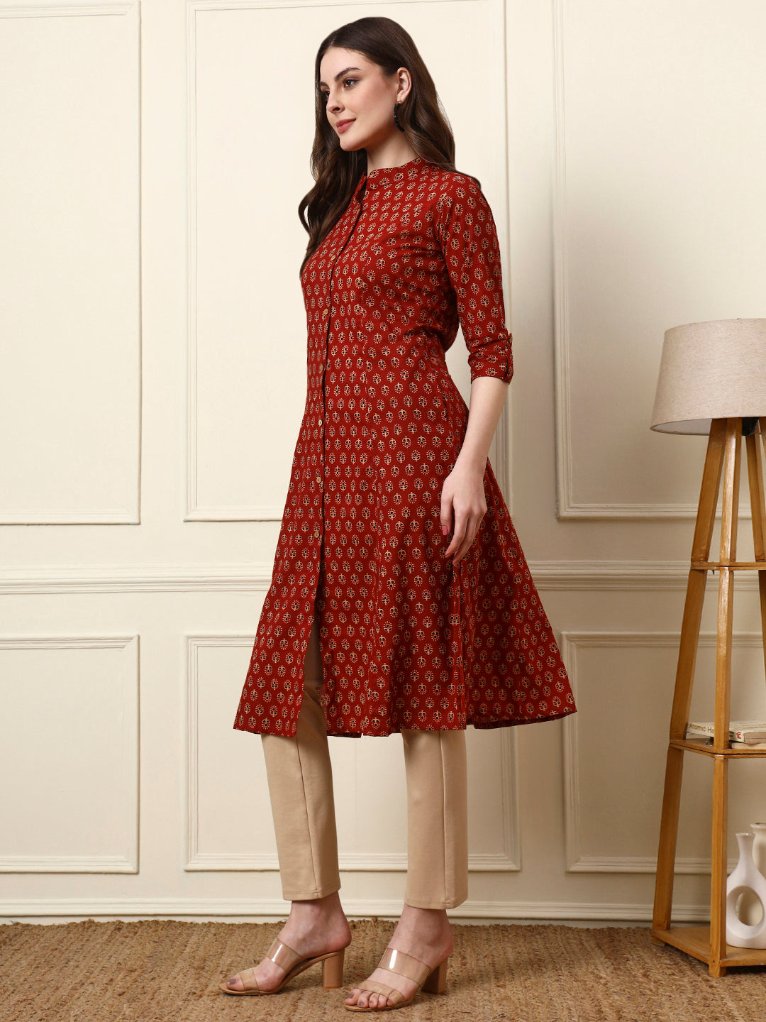 Divena Maroon Mandarin Collar Floral Cotton A-Line Kurta