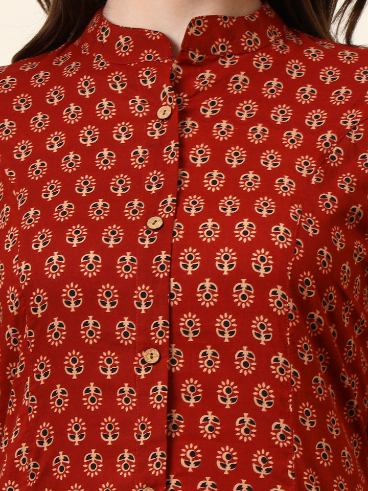 Divena Maroon Mandarin Collar Floral Cotton A-Line Kurta