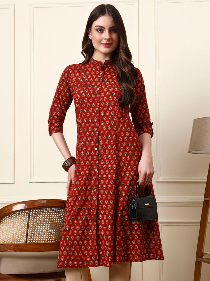 Divena Maroon Mandarin Collar Floral Cotton A-Line Kurta