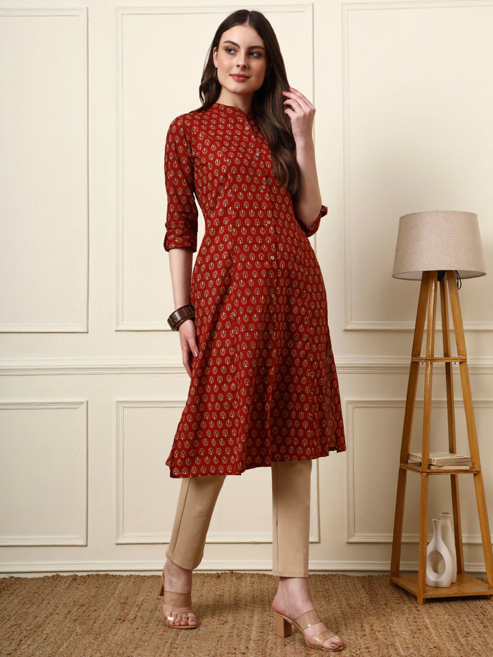 Divena Maroon Mandarin Collar Floral Cotton A-Line Kurta