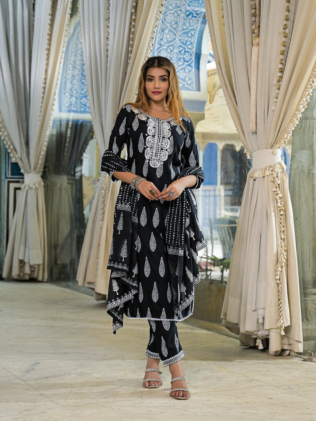 Divena Black Embroidered Cotton Straight Kurta Pant Set With Dupatta