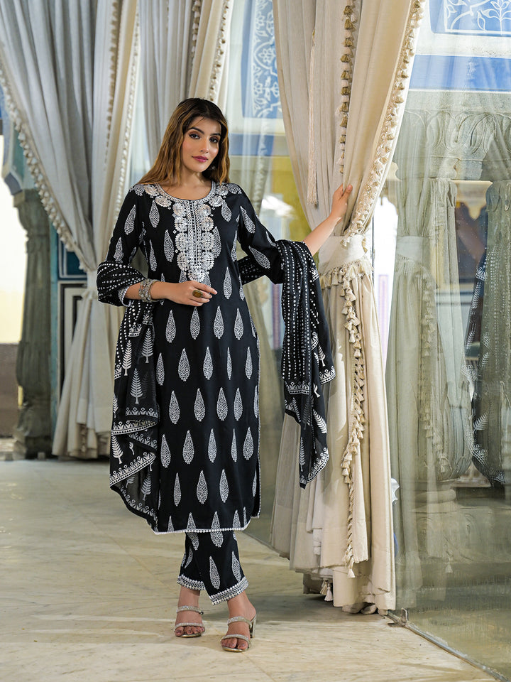 Divena Black Embroidered Cotton Straight Kurta Pant Set With Dupatta