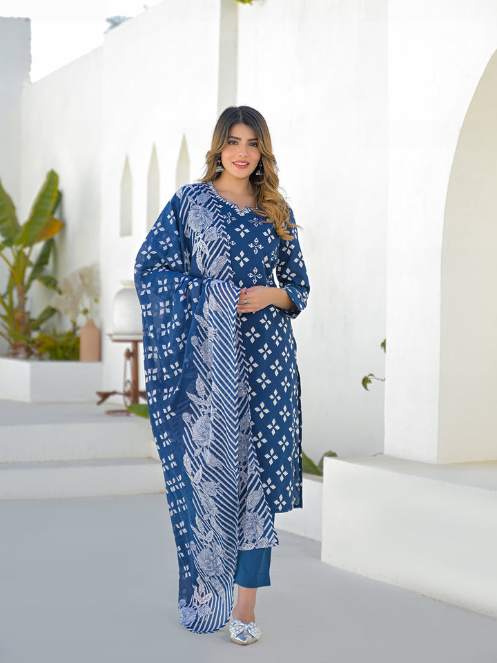Divena Blue Round Neck Cotton Straight Kurta Pant Set With Dupatta