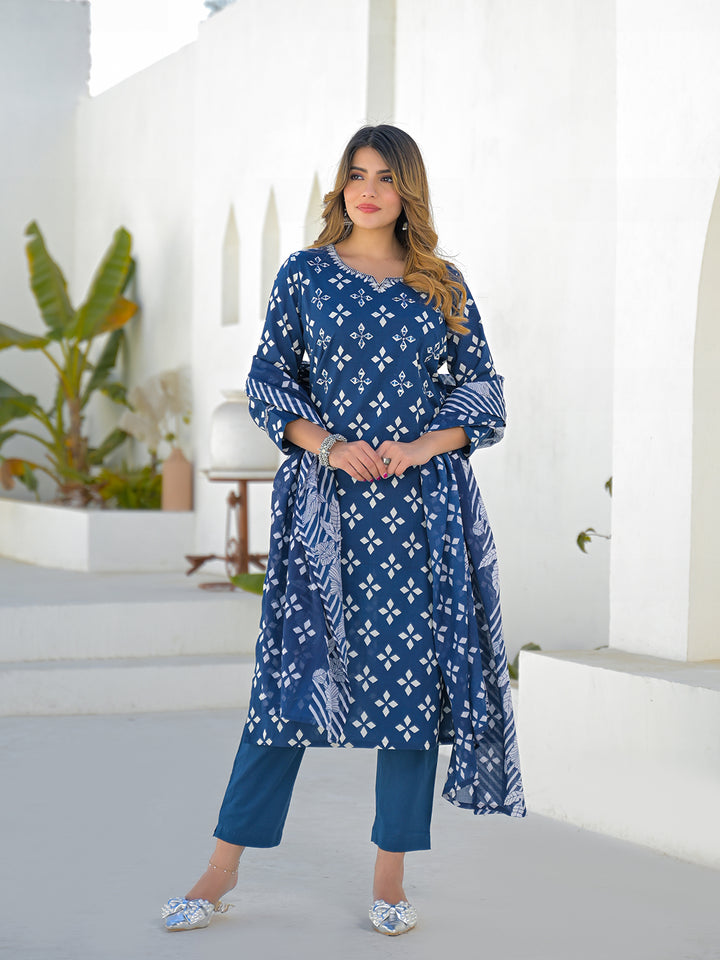 Divena Blue Round Neck Cotton Straight Kurta Pant Set With Dupatta