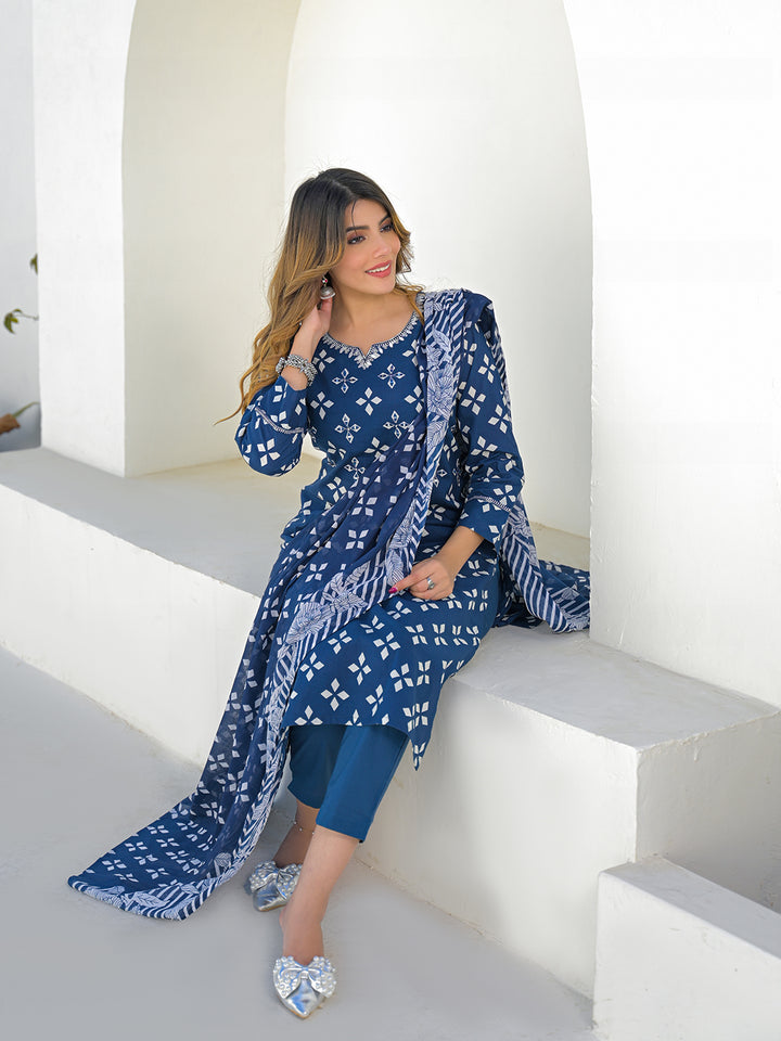 Divena Blue Round Neck Cotton Straight Kurta Pant Set With Dupatta