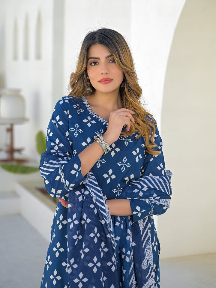 Divena Blue Round Neck Cotton Straight Kurta Pant Set With Dupatta