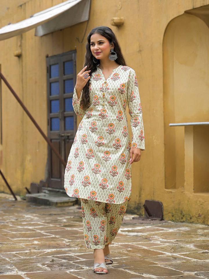 Divena Cream Floral Print Cotton Co-ords Sets