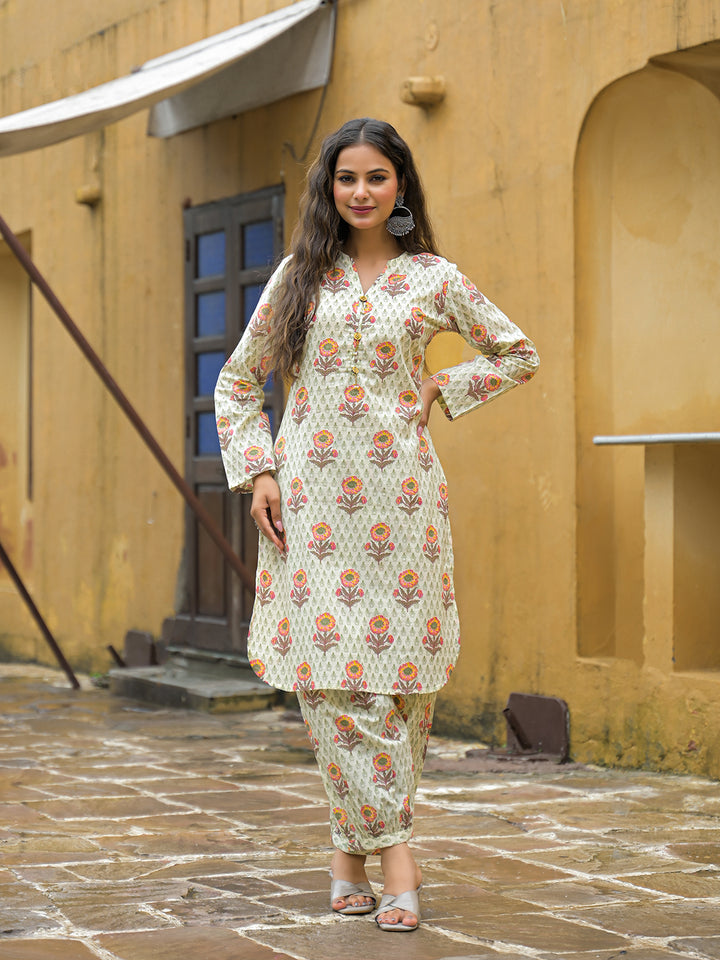 Divena Cream Floral Print Cotton Co-ords Sets