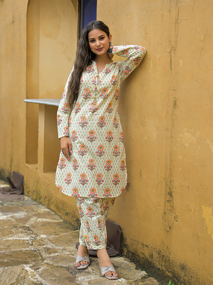 Divena Cream Floral Print Cotton Co-ords Sets