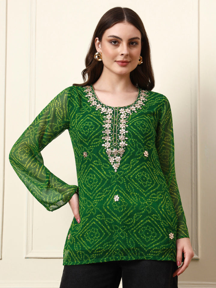 Divena Green Round Neck Georgette Bandhani Print Top