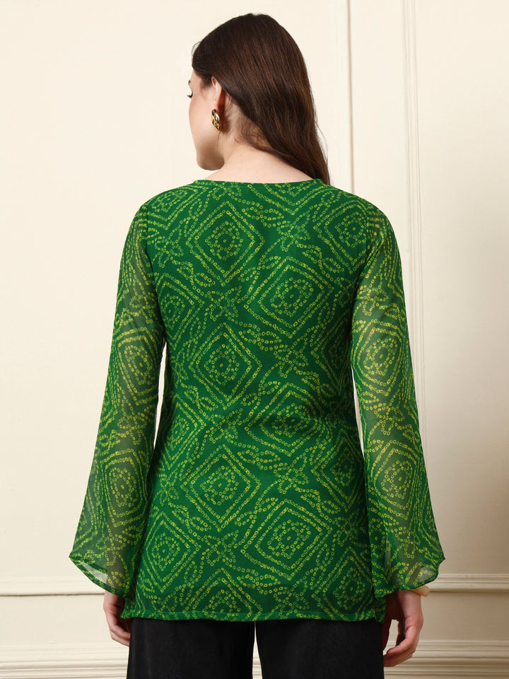 Divena Green Round Neck Georgette Bandhani Print Top