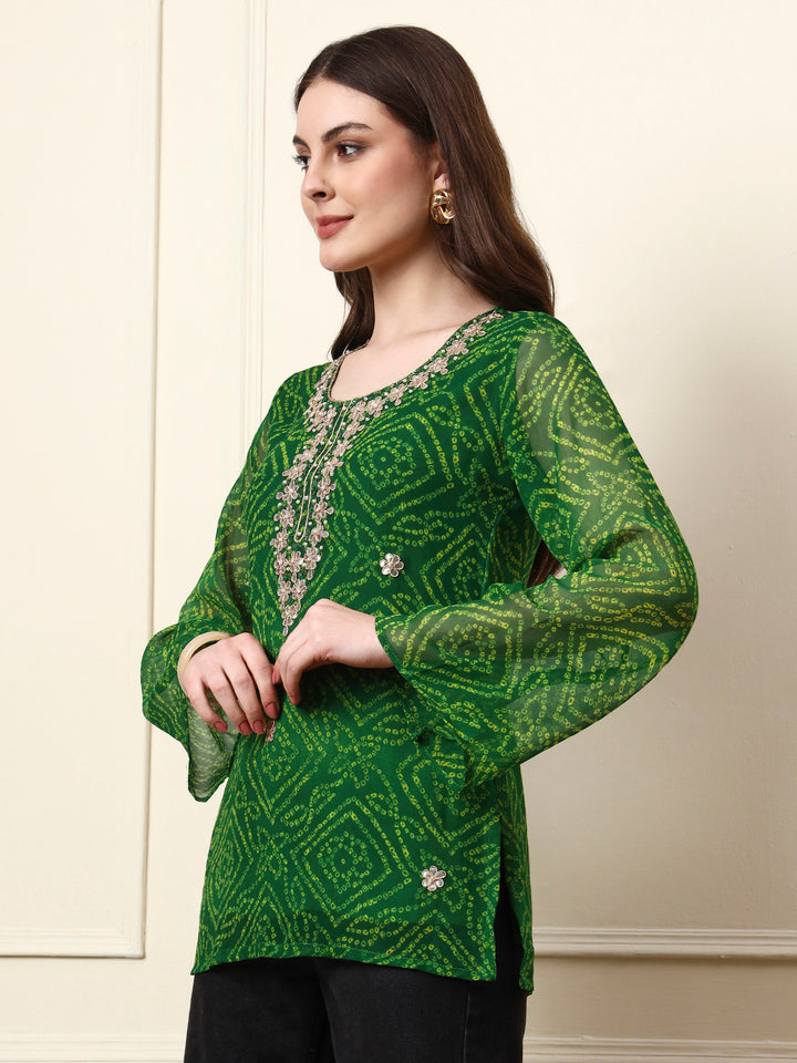 Divena Green Round Neck Georgette Bandhani Print Top