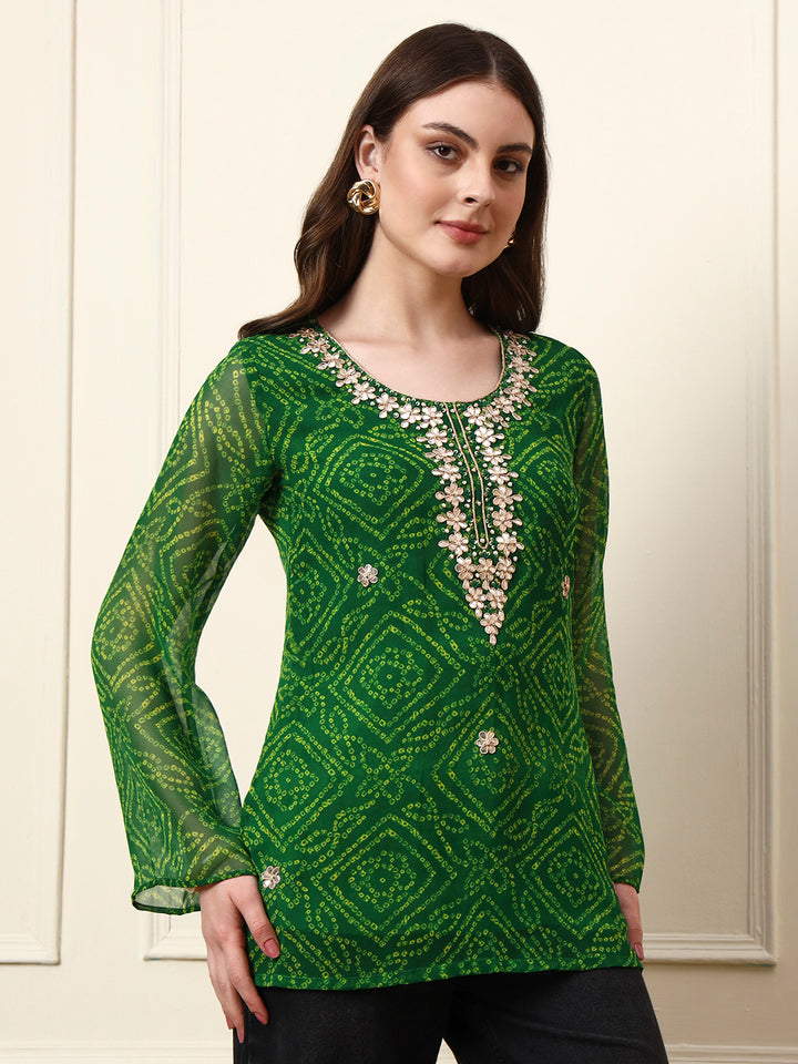 Divena Green Round Neck Georgette Bandhani Print Top